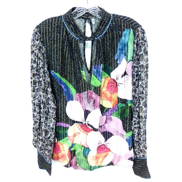 Bl-nk London Madelief Tie Full Length Sleeves Gold Stripes Multi Pattern Top L - Picture 1 of 6